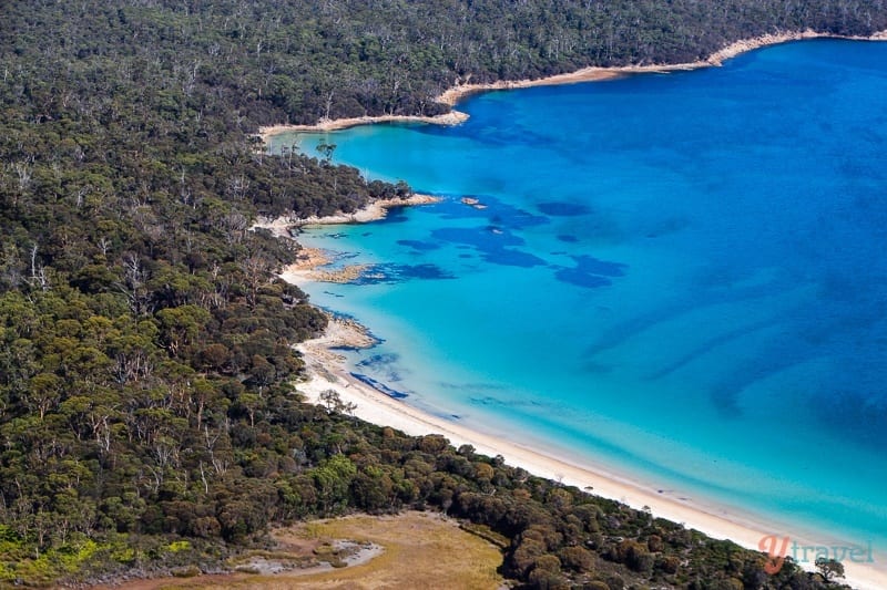 aerial view of Hazards Beach in Freycinet National Park, Tasmania, Australia